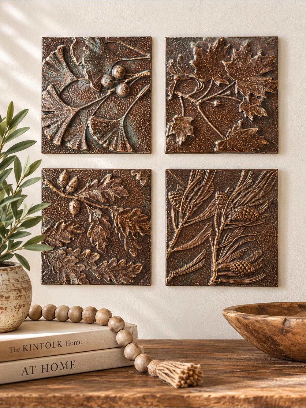 Set of 4 Patina Copper Nature Wall Art Botanical Bas Relief 8” Decor NEW